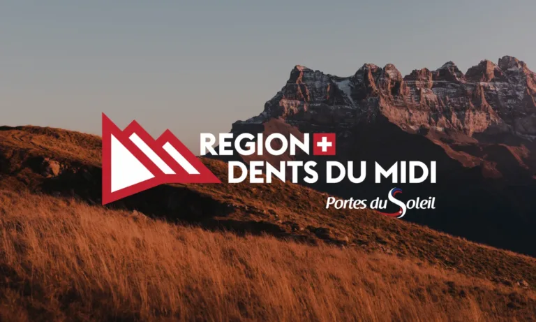 Schweizer Berglandschaft mit Logo der Region Dents du Midi.