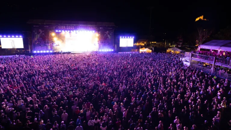 Großes nächtliches Freiluftkonzert, Bühne von lila Licht erhellt.