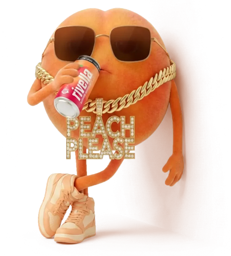Kreative Illustration: Pfirsich mit Rivella Dose, Sonnenbrille und Sneakers.