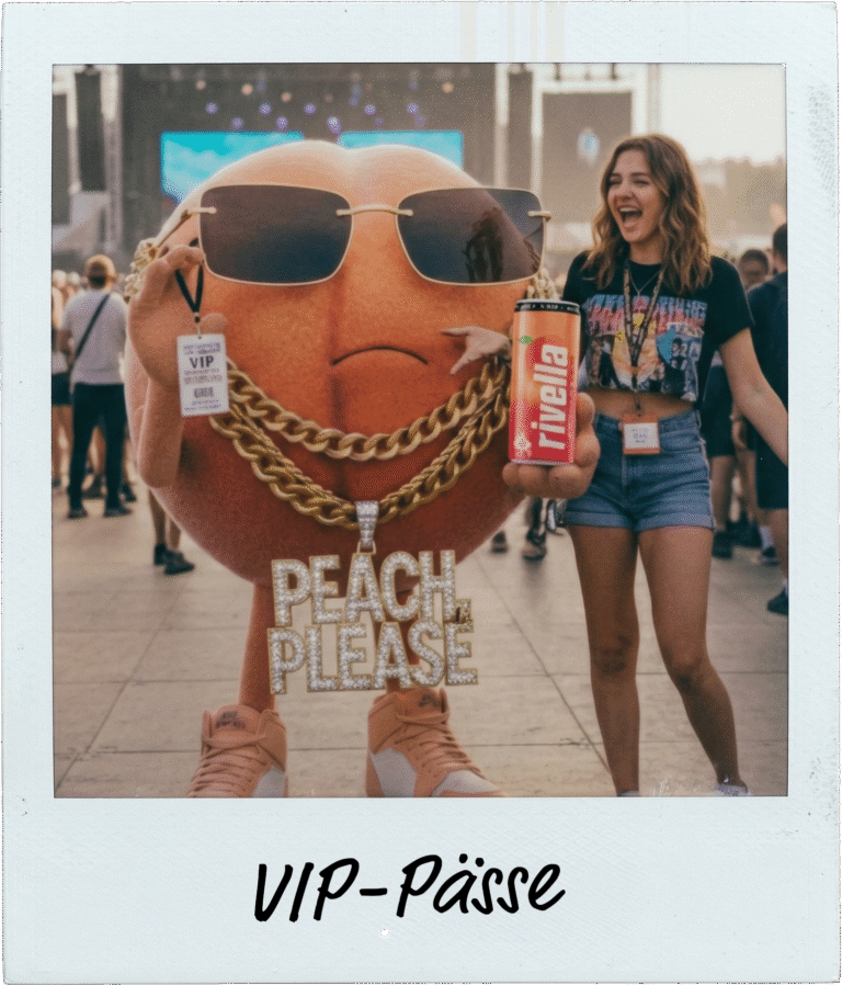 Polaroid-Foto der Peachy Figur mit einem VIP Pass