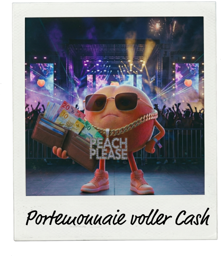 Polaroid-Foto der Peachy Figur mit einem Portemonnaie voller Cash